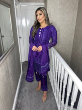 Load image into Gallery viewer, 3pc Embroidered PURPLE with Printed chiffon Dupatta Shalwar Kameez Stitched Suit Ready to wear AN-PURPLE
