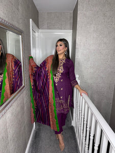 3PC Stitched PURPLE shalwar Suit Ready to wear DHANAK winter Wear with Dhanak dupatta LL-68A