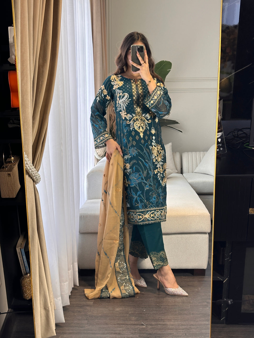 3pc BOTTLE GREEN Embroidered Shalwar Kameez wit CHIFFON  dupatta Stitched Suit Ready to wear HW-U2313