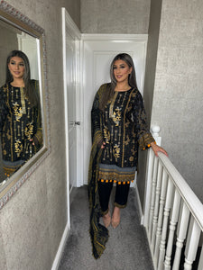 3 pcs Stitched BLACK lawn suit Ready to Wear with chiffon dupatta LNE-24008