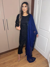 Load image into Gallery viewer, 3pc Black with NAVY Embroidered Dupatta Shalwar Kameez Stitched Suit Ready to wear AN-BLACKNAVY
