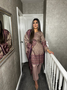 3PC Stitched MAUVE shalwar Suit Ready to wear DHANAK winter Wear with Dhanak dupatta DNE-0308