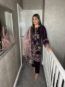 3pc PURPLE VELVET Embroidered Shalwar Kameez with NET/Velvet dupatta Stitched Suit Ready to wear HW-DT116B