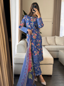 3 pcs Stitched Blue lawn suit Ready to Wear with chiffon dupatta LNE-24018