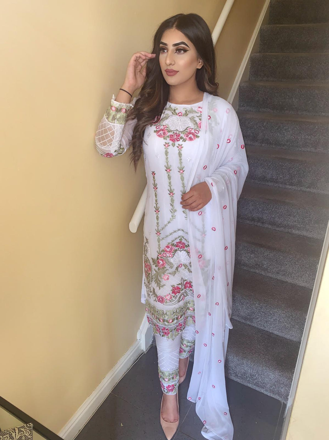 3pc WHITE Embroidered Shalwar Kameez with CHIFFON Embroidered Dupatta Stitched Suit Ready to wear FP-55002