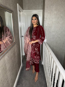 3pc  MAROON VELVET Embroidered Shalwar Kameez with NET/Velvet dupatta Stitched Suit Ready to wear HW-DT116