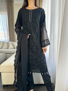 3pc BLACK Embroidered Shalwar Kameez with NET dupatta Stitched Suit Ready to wear HW-JFBLACK