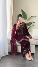 Load image into Gallery viewer, 3pc Burgundy VELVET Embroidered Shalwar Kameez with NET/Velvet dupatta Stitched Suit Ready to wear HW-UBURGUNDY
