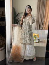 Load image into Gallery viewer, 3pc WHITE Embroidered Shalwar Kameez with Plazoo and Net dupatta Stitched Suit Ready to wear HW-U2420B
