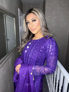3pc Embroidered PURPLE with Printed chiffon Dupatta Shalwar Kameez Stitched Suit Ready to wear AN-PURPLE