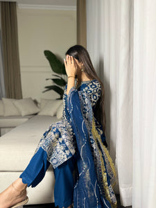 3pc BLUE Embroidered Shalwar Kameez wit Chiffon dupatta Stitched Suit Ready to wear HW-U2253