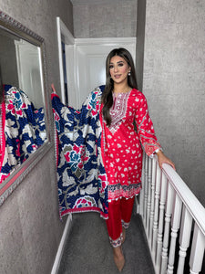 3PC Stitched RED WHITE shalwar Suit Ready to wear LILEN winter Wear with LILEN dupatta SK-10