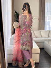 Load image into Gallery viewer, 3pc PURPLE Embroidered Shalwar Kameez wit Net dupatta Stitched Suit Ready to wear HW-DT81
