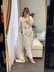 3pc WHITE Embroidered Shalwar Kameez wit Chiffon dupatta Stitched Suit Ready to wear HW-U2262