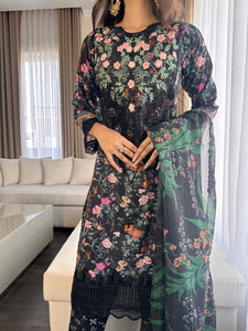 3 pcs Stitched Black lawn suit Ready to Wear with chiffon dupatta LNE-24016