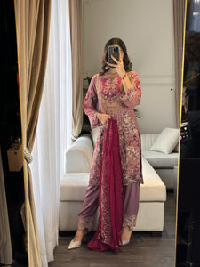 3pc Pastel Purple Embroidered Shalwar Kameez with Chiffon dupatta Stitched Suit Ready to wear HW-DT93