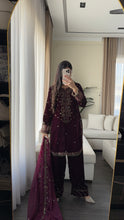 Load image into Gallery viewer, 3pc Burgundy VELVET Embroidered Shalwar Kameez with NET/Velvet dupatta Stitched Suit Ready to wear HW-UBURGUNDY
