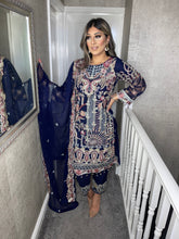 Load image into Gallery viewer, 3pc NAVY Embroidered Shalwar Kameez with NET dupatta Stitched Suit Ready to wear HW-DT100
