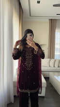 Load image into Gallery viewer, 3pc Burgundy VELVET Embroidered Shalwar Kameez with NET/Velvet dupatta Stitched Suit Ready to wear HW-UBURGUNDY
