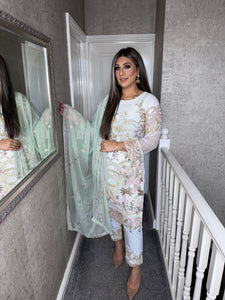 3pc WHITE Embroidered suit with Chiffon dupatta Stitched Suit Ready to wear HW-U2179