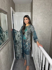 3PC Stitched GREY shalwar Suit Ready to wear DHANAK winter Wear with Dhanak dupatta MB-114