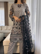 Load image into Gallery viewer, 3pc GREY Embroidered Shalwar Kameez wit Net dupatta Stitched Suit Ready to wear HW-DT82
