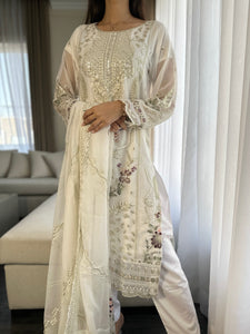 3pc WHITE Embroidered Shalwar Kameez wit Chiffon dupatta Stitched Suit Ready to wear HW-U2262