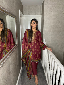 3PC Stitched MAROON shalwar Suit Ready to wear DHANAK winter Wear with Dhanak dupatta DNE-0319