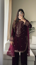 Load image into Gallery viewer, 3pc Burgundy VELVET Embroidered Shalwar Kameez with NET/Velvet dupatta Stitched Suit Ready to wear HW-UBURGUNDY

