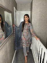 Load image into Gallery viewer, 3pc GREY Embroidered suit with Chiffon dupatta Stitched Suit Ready to wear HW-24005
