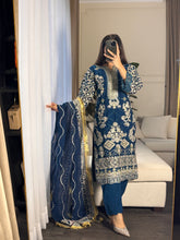 Load image into Gallery viewer, 3pc BLUE Embroidered Shalwar Kameez wit Chiffon dupatta Stitched Suit Ready to wear HW-U2253
