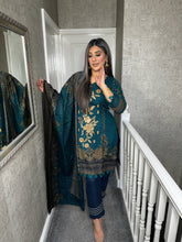 Load image into Gallery viewer, 3PC Stitched TEAL GREEN shalwar Suit Ready to wear DHANAK winter Wear with Dhanak dupatta DNE-0313
