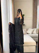 Load image into Gallery viewer, 3pc BLACK Embroidered Shalwar Kameez with NET dupatta Stitched Suit Ready to wear HW-JFBLACK
