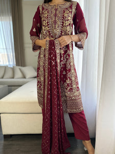 3pc MAROON Embroidered Shalwar Kameez wit CHIFFON  dupatta Stitched Suit Ready to wear HW-U2292