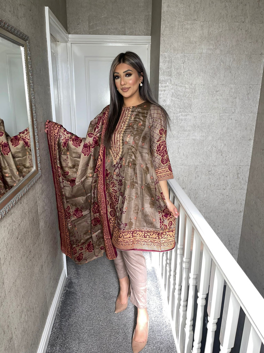 3 pcs Stitched Brown LAWN shalwar Suit Ready to wear lawn summer Wear with lawn dupatta LAWN-R2