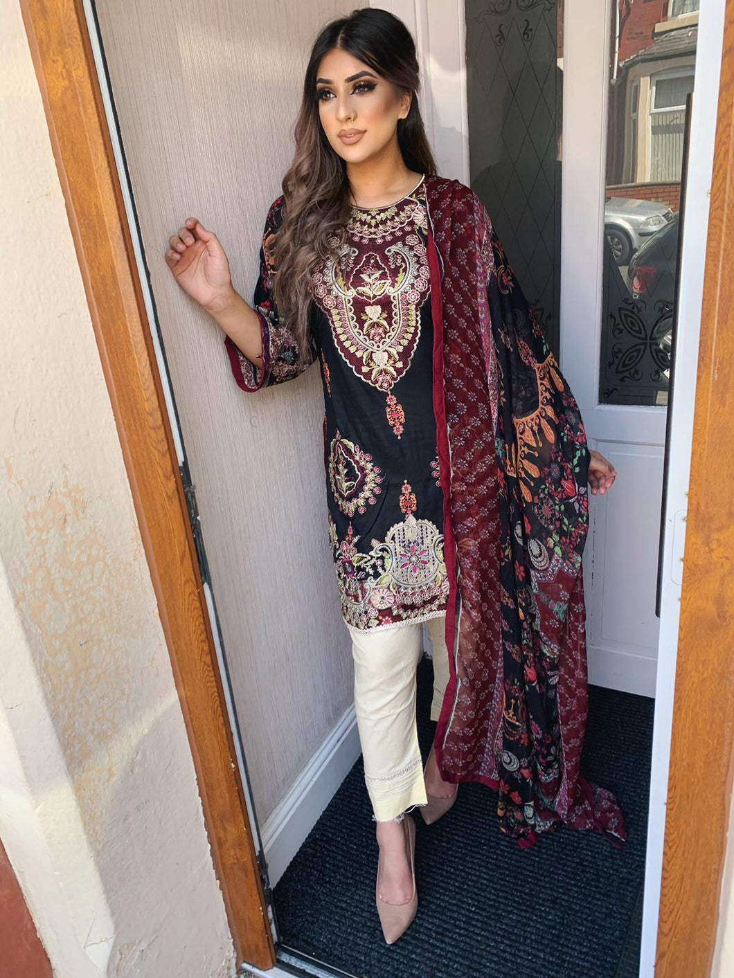3 pcs Stitched BLACK LAWN shalwar Suit Ready to wear lawn summer Wear with CHIFFON dupatta LAWN-R1