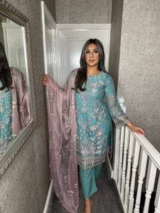 3pc SEA BLUE Embroidered Shalwar Kameez wit Net dupatta Stitched Suit Ready to wear HW-UQ2158