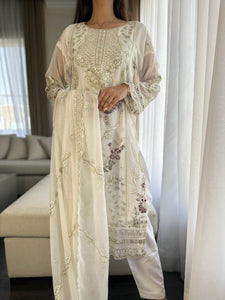 3pc WHITE Embroidered Shalwar Kameez wit Chiffon dupatta Stitched Suit Ready to wear HW-U2262