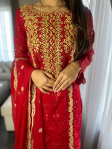 3pc RED Embroidered Shalwar Kameez with CHIFFON dupatta Stitched Suit Ready to wear HW-ANRED