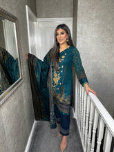 Load image into Gallery viewer, 3PC Stitched TEAL GREEN shalwar Suit Ready to wear DHANAK winter Wear with Dhanak dupatta DNE-0313
