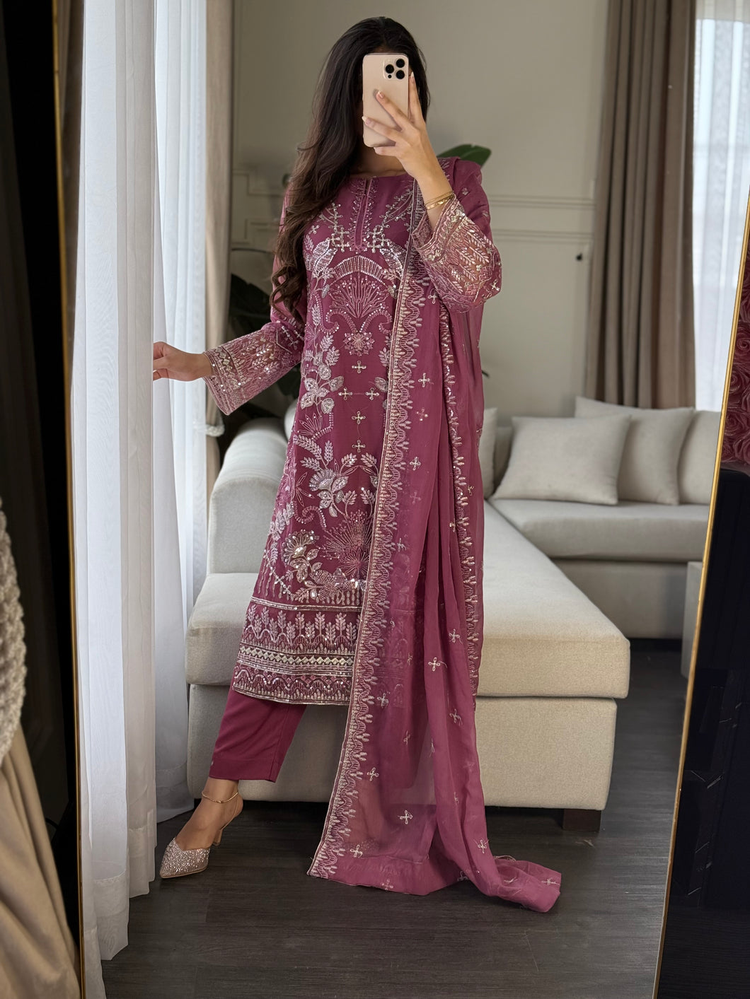 3pc Deep Mauve Embroidered Shalwar Kameez with CHIFFON dupatta Stitched Suit Ready to wear HW-U2355