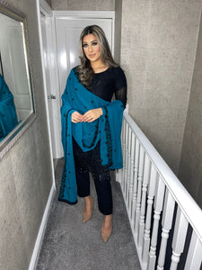3pc Black with TEAL Embroidered Dupatta Shalwar Kameez Stitched Suit Ready to wear AN-BLACKTEAL