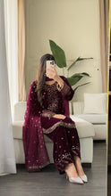 Load image into Gallery viewer, 3pc Burgundy VELVET Embroidered Shalwar Kameez with NET/Velvet dupatta Stitched Suit Ready to wear HW-UBURGUNDY
