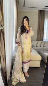 3pc White Cream Embroidered Shalwar Kameez with CHIFFON dupatta Stitched Suit Ready to wear HW-U2388