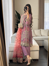 Load image into Gallery viewer, 3pc PURPLE Embroidered Shalwar Kameez wit Net dupatta Stitched Suit Ready to wear HW-DT81
