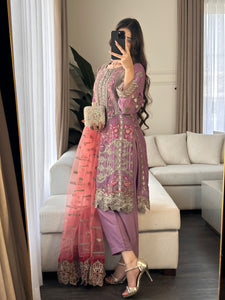 3pc PURPLE Embroidered Shalwar Kameez wit Net dupatta Stitched Suit Ready to wear HW-DT81