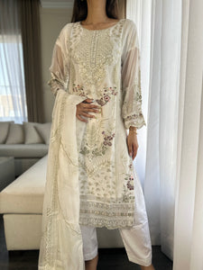 3pc WHITE Embroidered Shalwar Kameez wit Chiffon dupatta Stitched Suit Ready to wear HW-U2262