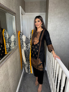 3PC Stitched Black shalwar Suit Ready to wear KHADDAR winter Wear with WOOL SHAWL KNE-0310