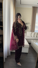 Load image into Gallery viewer, 3pc Burgundy VELVET Embroidered Shalwar Kameez with NET/Velvet dupatta Stitched Suit Ready to wear HW-UBURGUNDY
