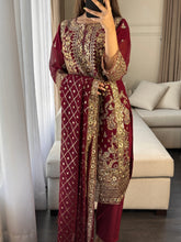 Load image into Gallery viewer, 3pc MAROON Embroidered Shalwar Kameez wit CHIFFON  dupatta Stitched Suit Ready to wear HW-U2292
